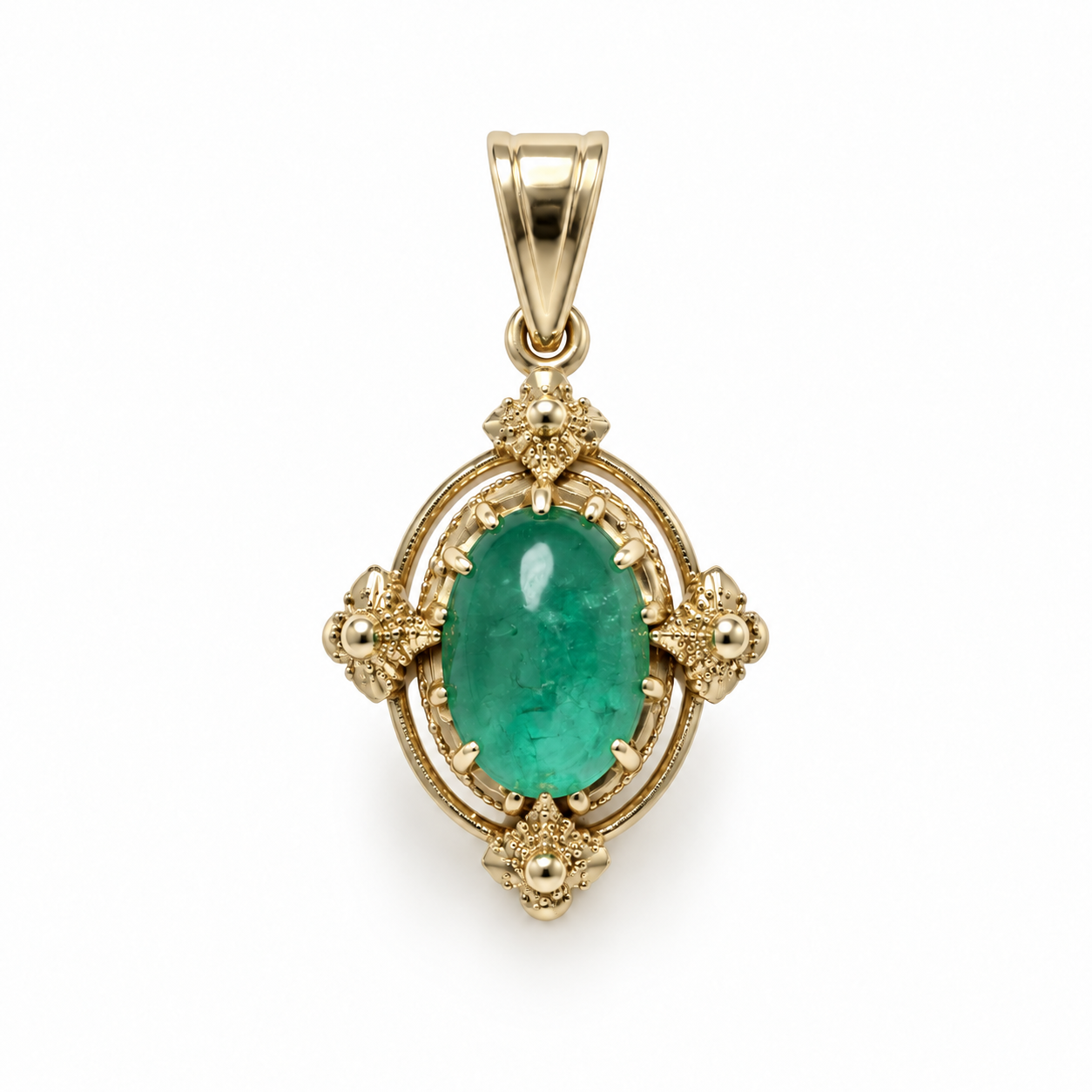 1.82ct 14K Natural Cabochon Cut Oval Emerald Solitaire Gothic Gold Pendant in Yellow Gold