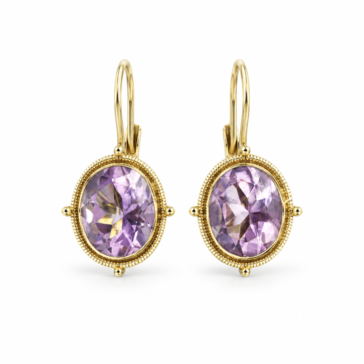 8.0 Carats Oval Amethyst Vintage Lever Back Earrings 14K