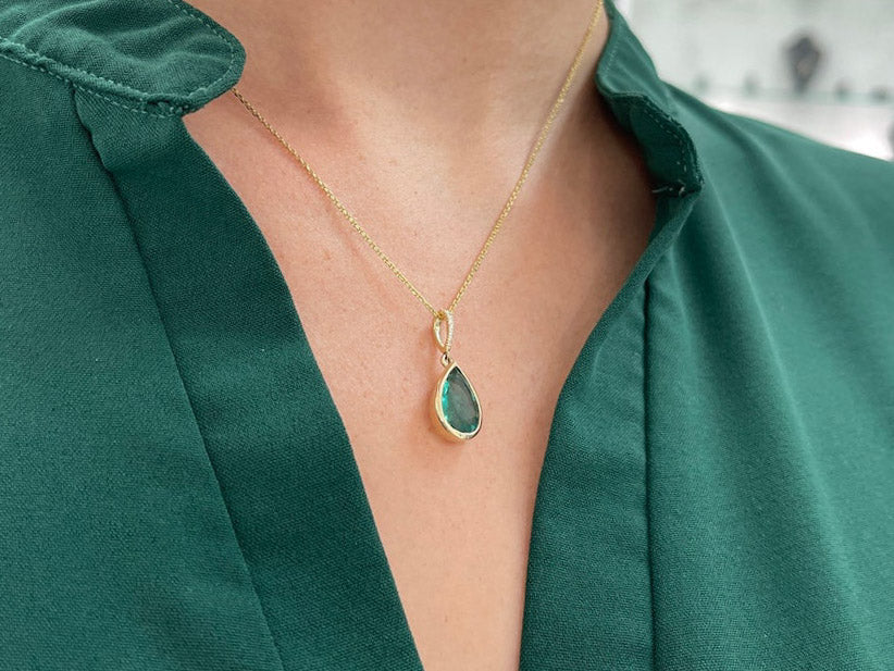 2.67tcw 14K Blue Green Emerald-Pear Cut Bezel Set with Diamond Accent Bail Birthstone Pendant