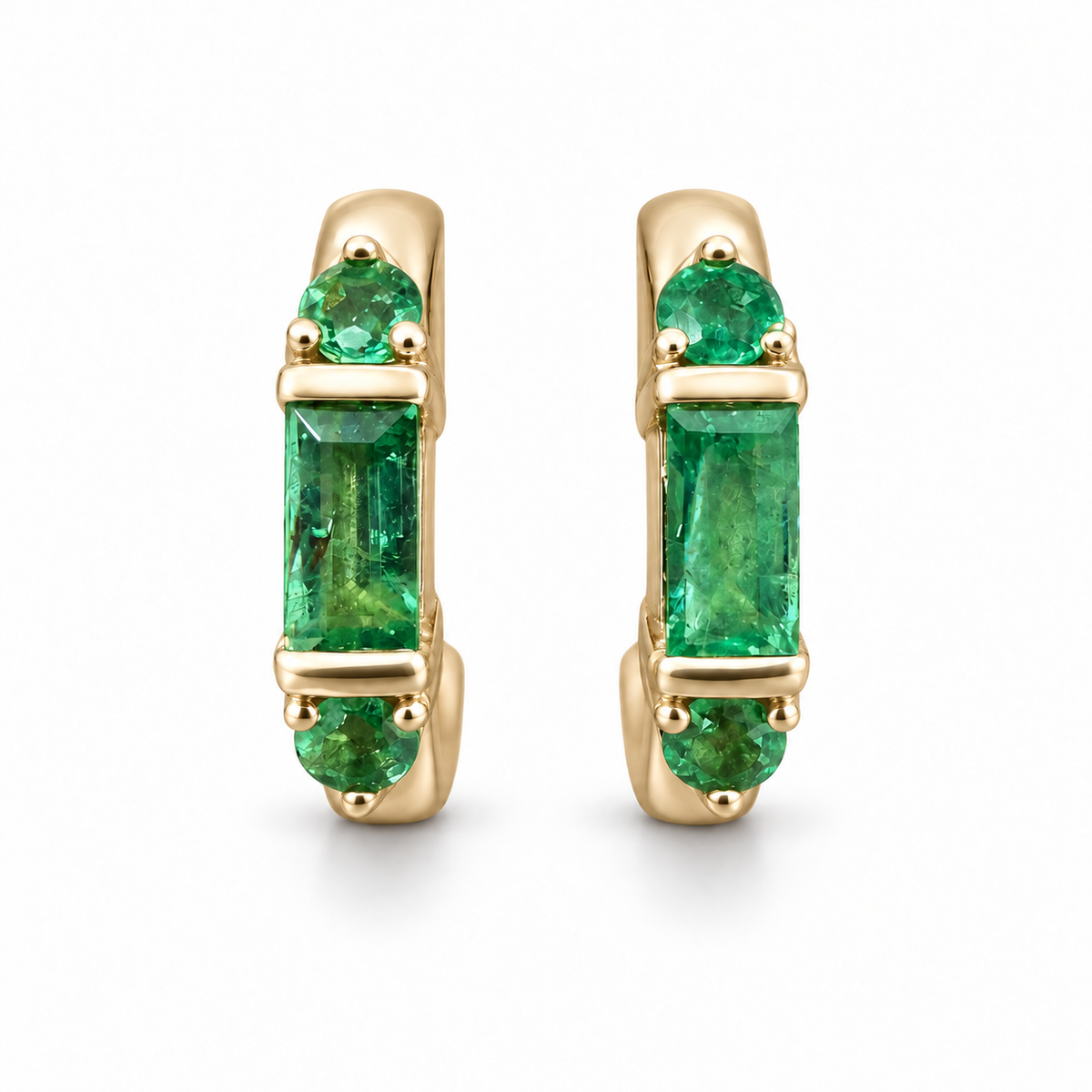 Pale champagne gold 0.50tcw natural emerald half hoop earrings by JR Colombian Emeralds, showcasing elegant gemstone detail.