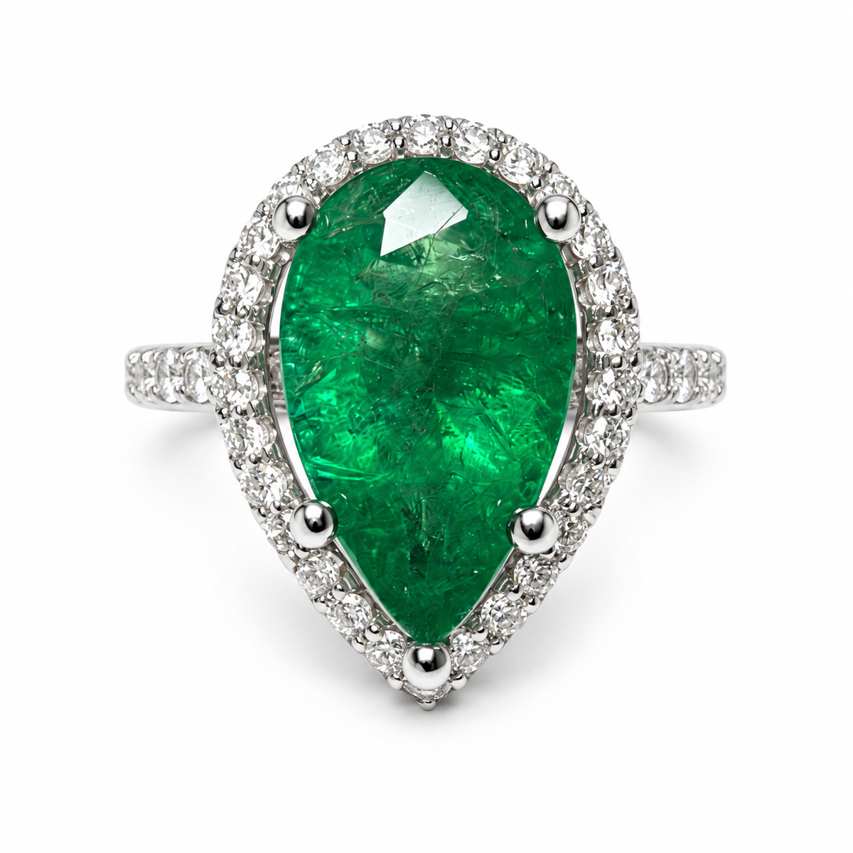 3.95tcw 14K Natural Deep Green Pear Cut Emerald & Lab Diamond Halo White Gold Engagement Ring