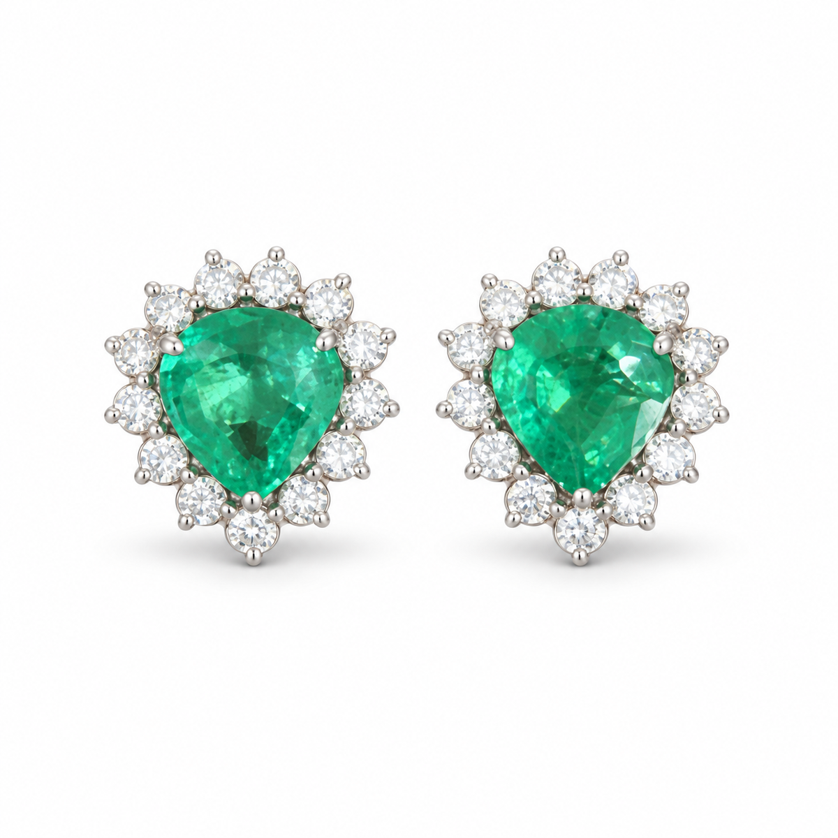 2.55tcw Chunky Pear Emerald & Diamond Halo Stud Earrings 18K White Gold