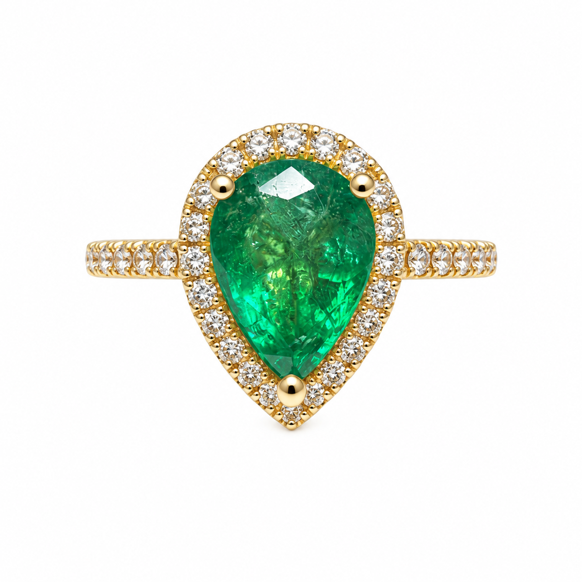 1.77tcw 14K Natural Pear Cut Emerald & Lab Diamond Halo Shank Engagement Ring