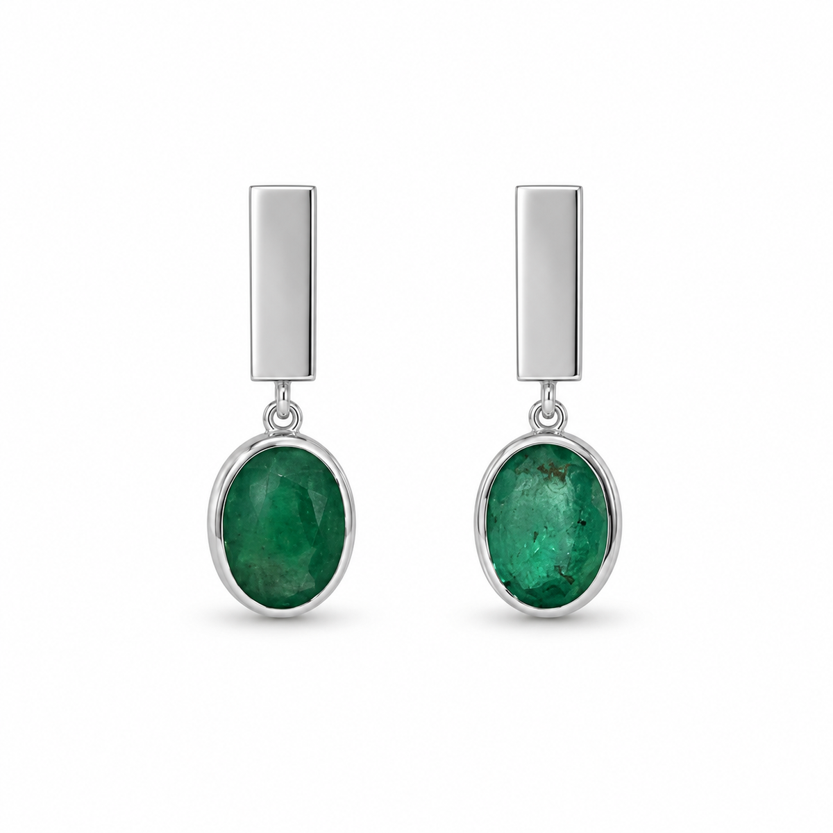 Polished 2.90tcw emerald drop earrings with bezel-set oval emeralds in 14K white gold dangle huggie style by JR Colombian Emeralds