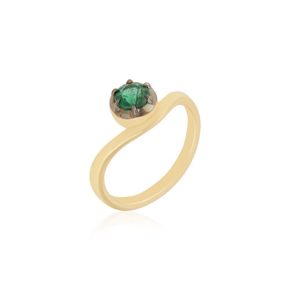 14K gold ladies emerald ring with a 0.64ct round cut emerald, multi-prong setting, black rhodium finish by JR Colombian Emeralds