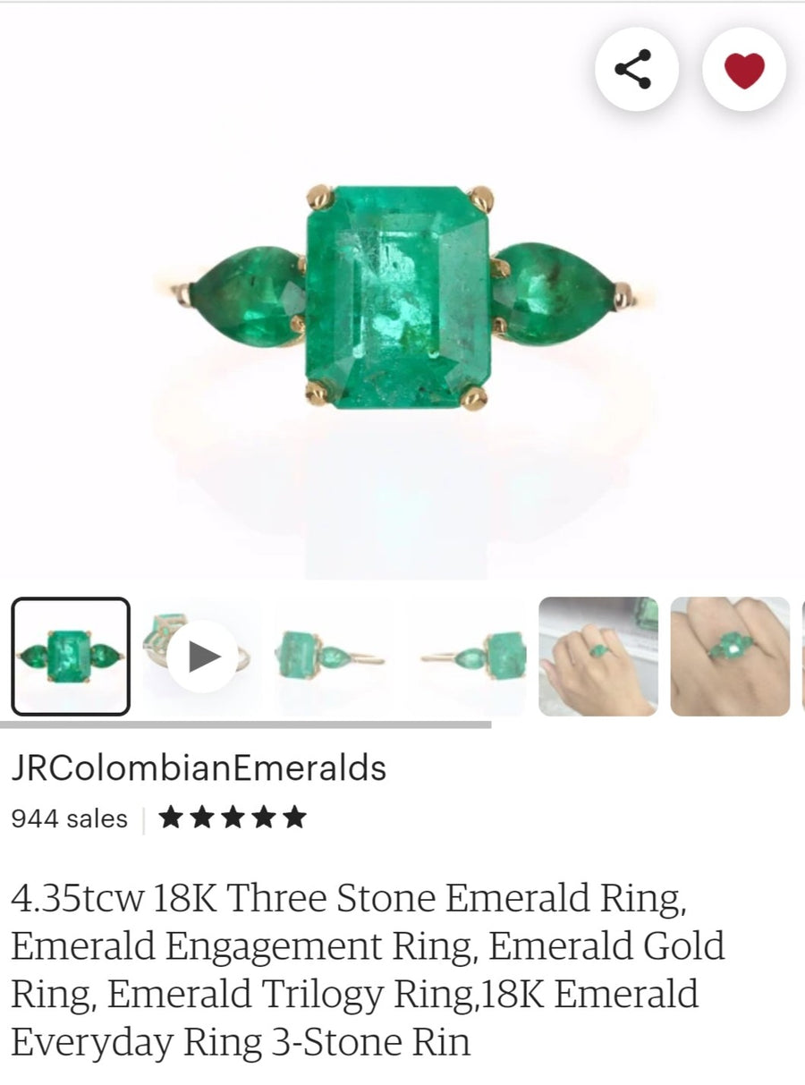 3.63 Carat Vivid Dark Green three stone 18K emerald engagement ring Layaway deposit