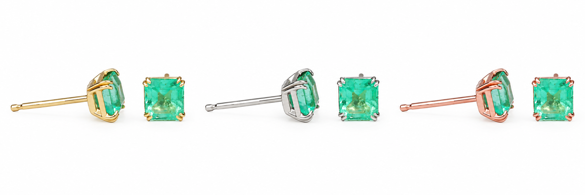 Three gold-tone emerald stud earrings with double claw prongs and square cut gemstones, 14K gold from JR Colombian Emeralds.