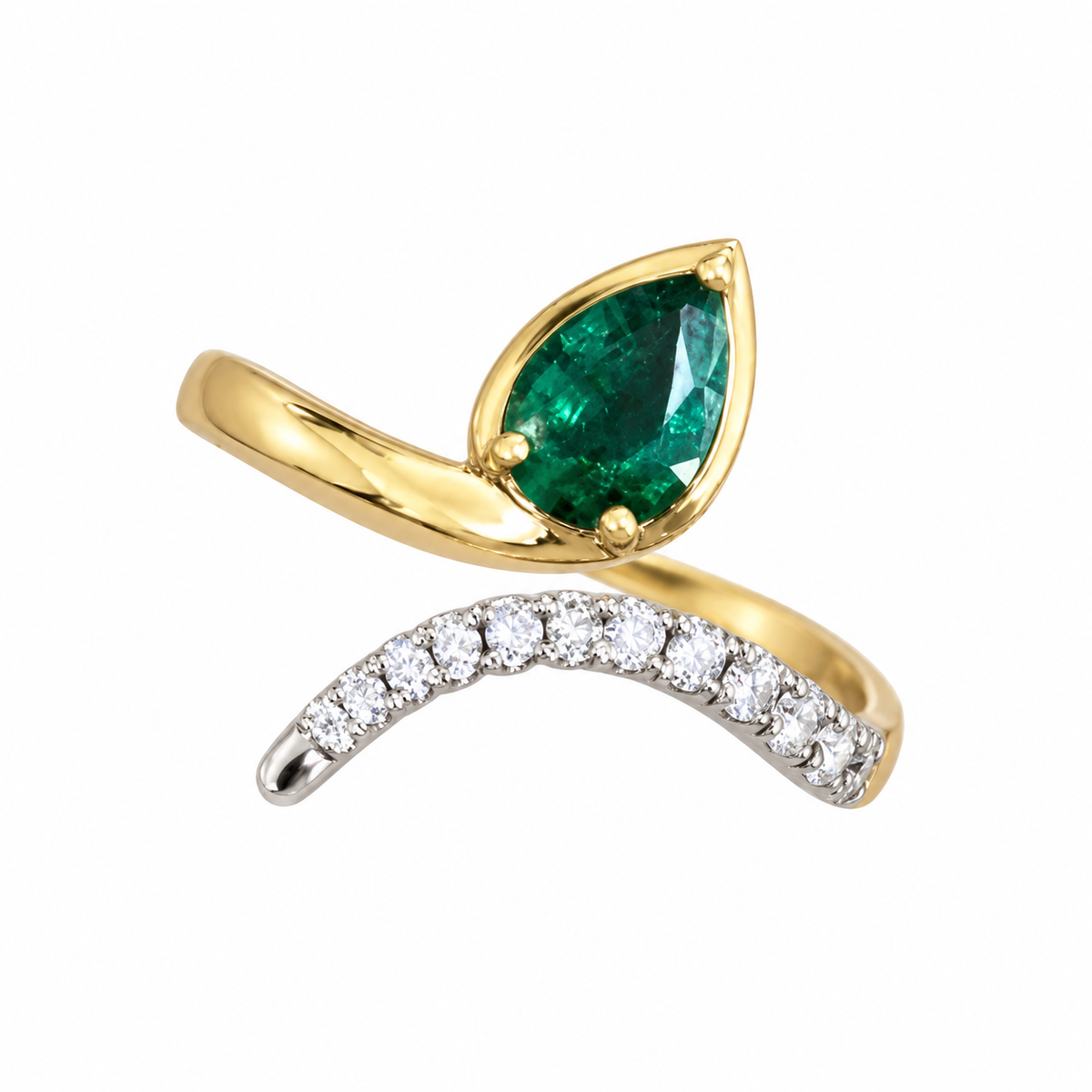 Serpent Pear Cut Emerald & Diamond Accent Bypass Ring 14K/PLAT
