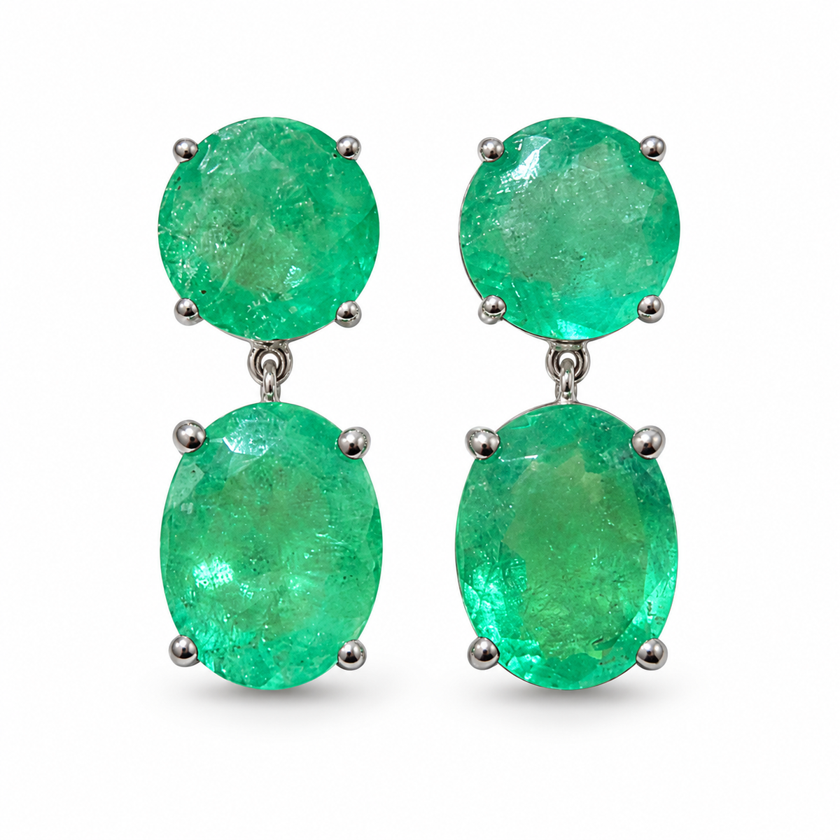 10.0tcw Round & Oval Cut Colombian Emerald Dangle Earrings in Platinum