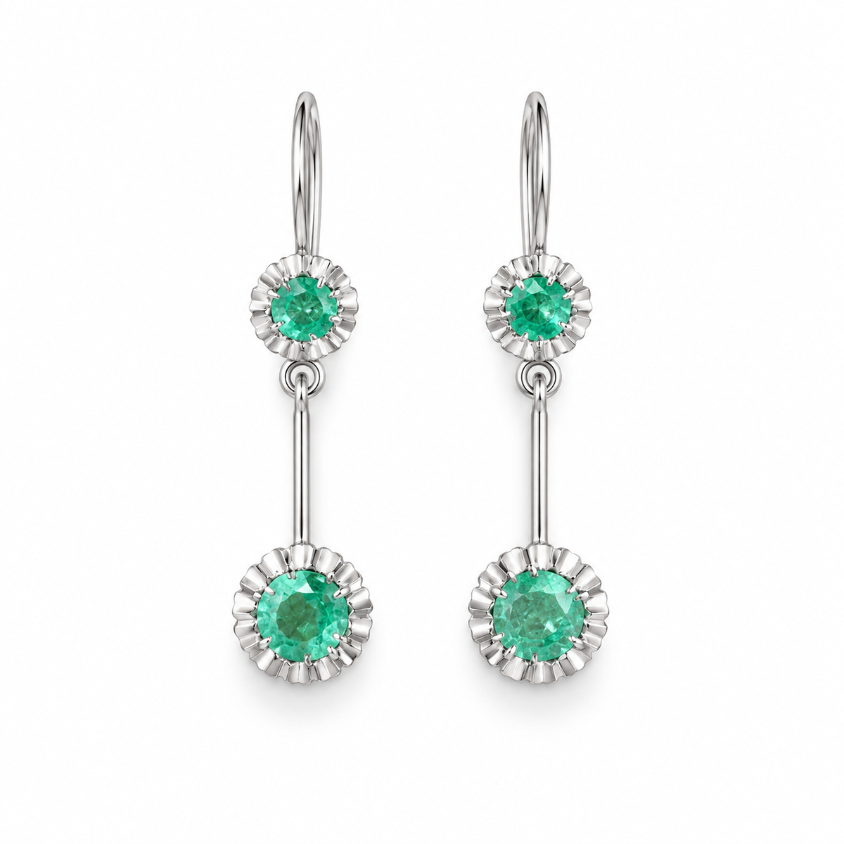 JR Colombian Emeralds 1.50tcw round natural emerald dangle earrings in white metal buttercup setting with leverbacks