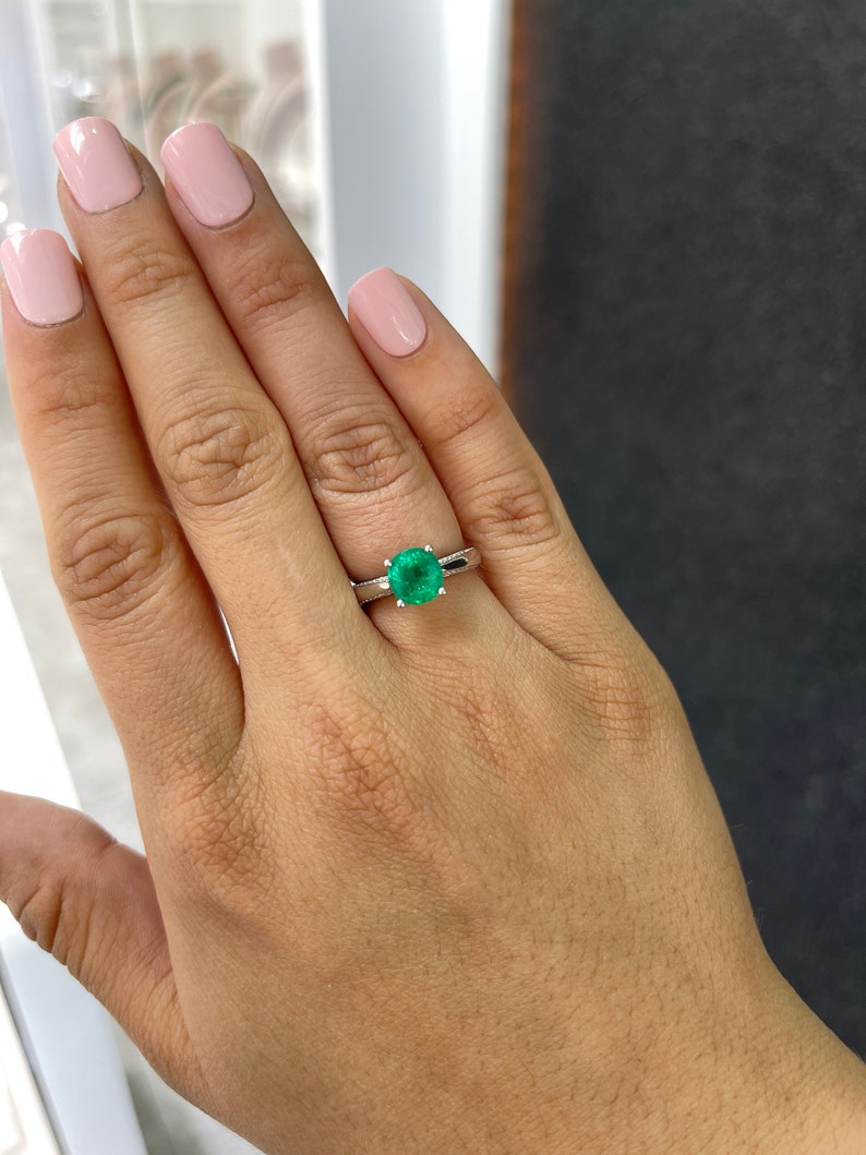 Colombian Emerald 18K white gold engagement ring with 2.44tcw cushion cut emerald and diamond accents, elegant and sparkling jewelry piece