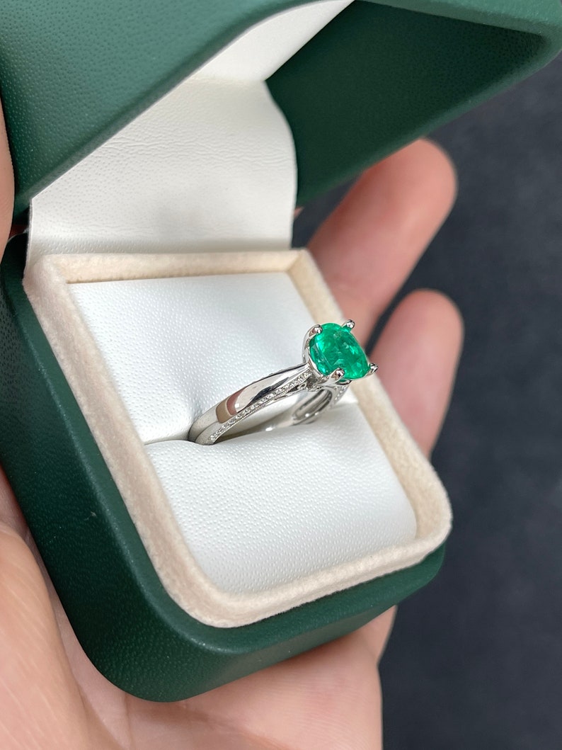 Colombian Emerald 2.44tcw 18K white gold engagement ring with cushion-cut emerald and diamond accents, elegant and sparkling.