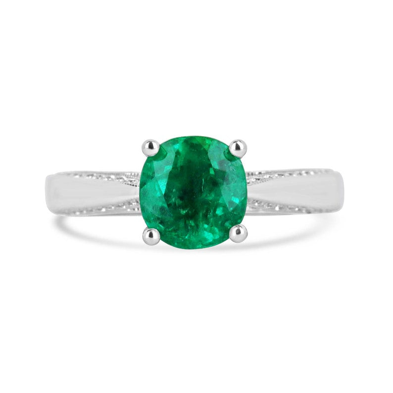 Colombian Emerald 2.44ctw cushion cut engagement ring with white gold, diamond accents, and AAA quality emerald.