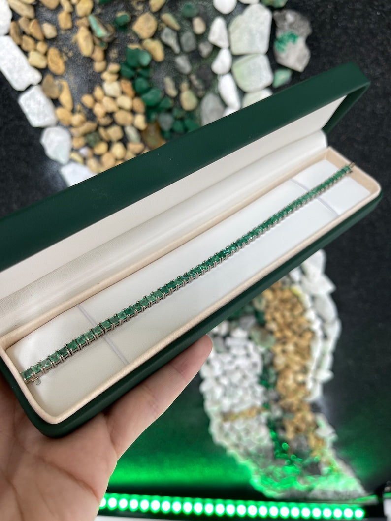 Unisex 14K white gold tennis bracelet with medium green square princess cut emeralds, 7.0 tcw, from Colombian Emerald collection.