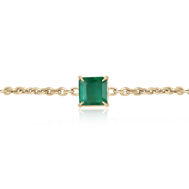 14K gold bracelet featuring a 1.70ct dark green emerald Asscher cut diamond chain, with four prongs, from Colombian Emerald.
