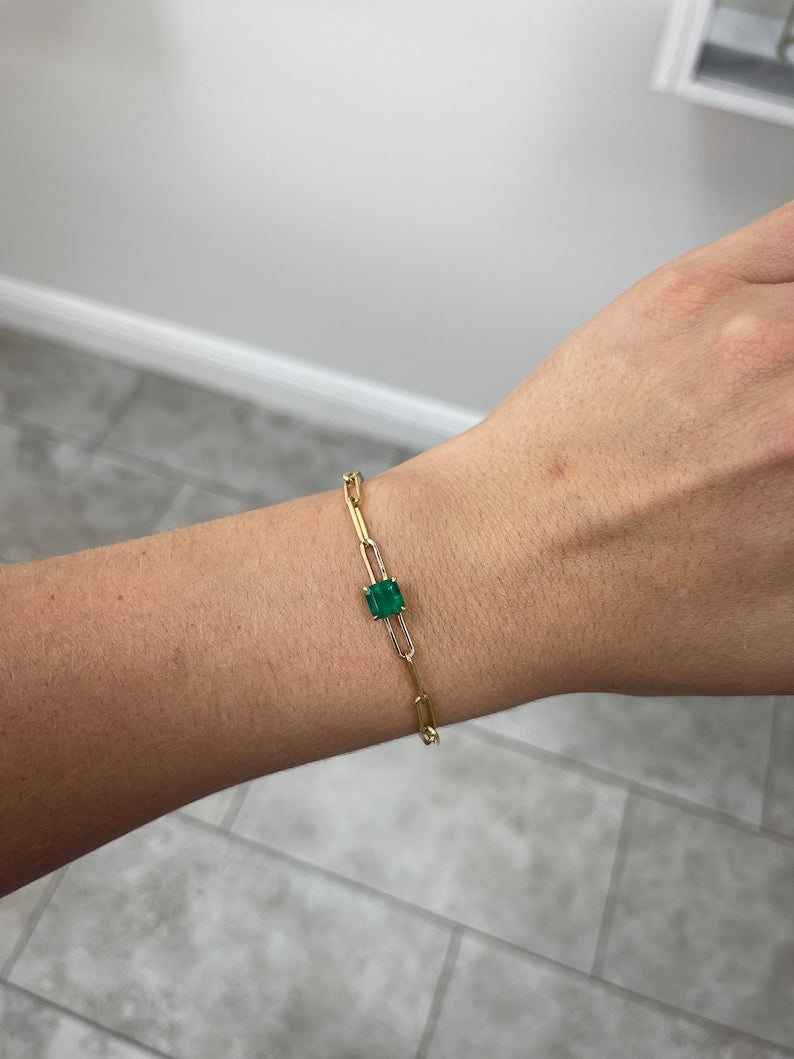 14K Colombian Emerald bracelet with 1.80ct dark green Asscher cut emerald, paperclip style, 7x7mm square, 4-claw prong setting
