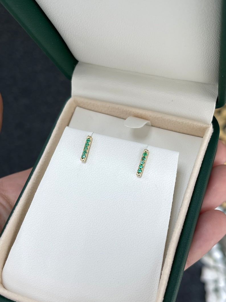 Vivid green natural emerald French set stacking earlobe bar earrings in 14K gold by Colombian Emerald.