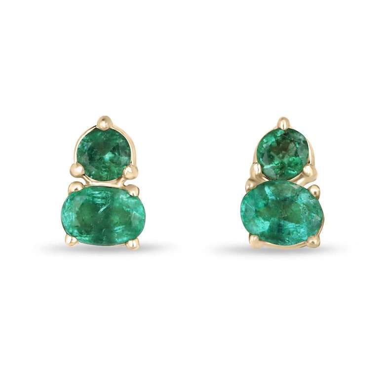 Colombian Emerald 14K gold petite oval and round cut green emerald stud earrings with 0.45 total carats, natural gemstone jewelry