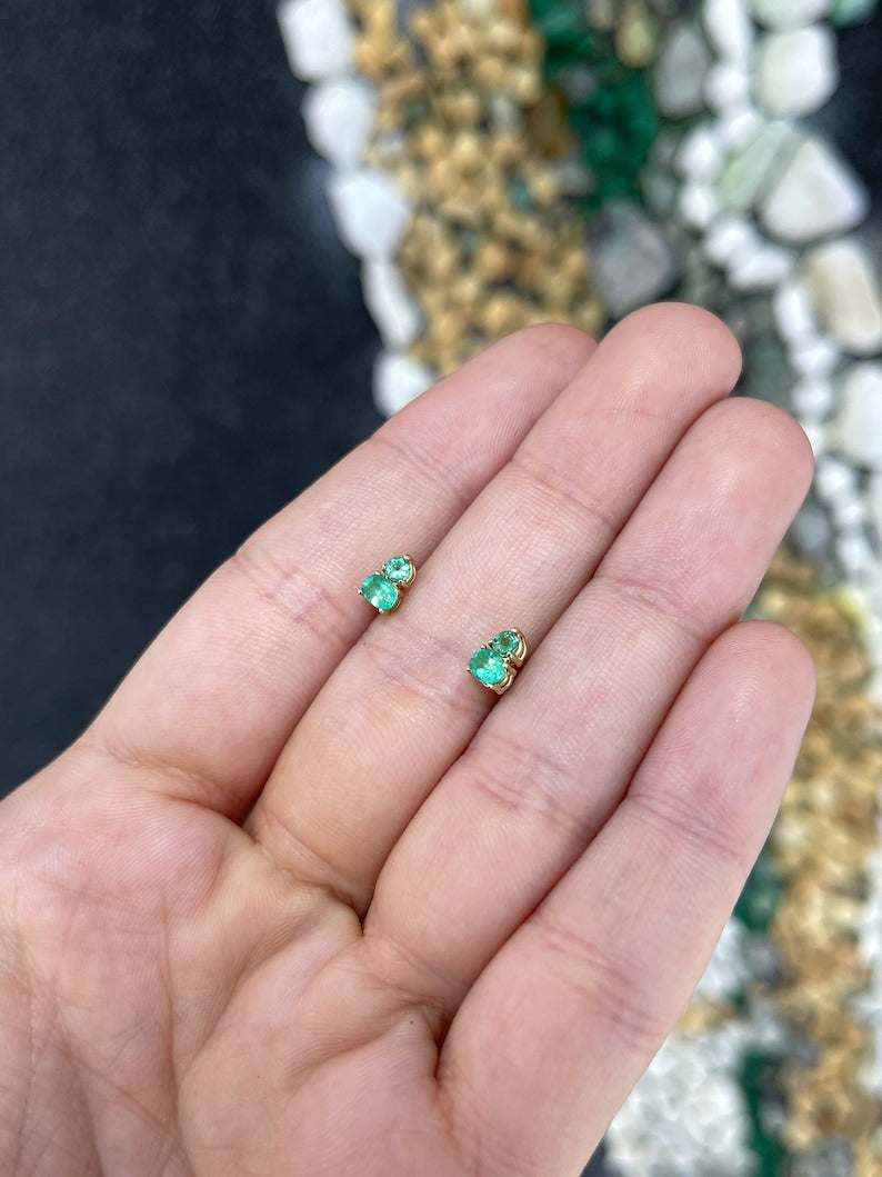 14K gold emerald stud earrings with petite green oval and round cut Colombian emeralds, 0.45 tcw, natural gemstone jewelry