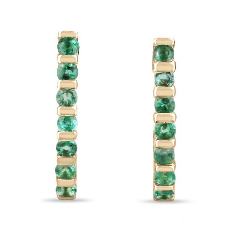 Natural round emerald half J-hoop earrings in 14K yellow gold with 0.75 carats from Colombian Emerald.