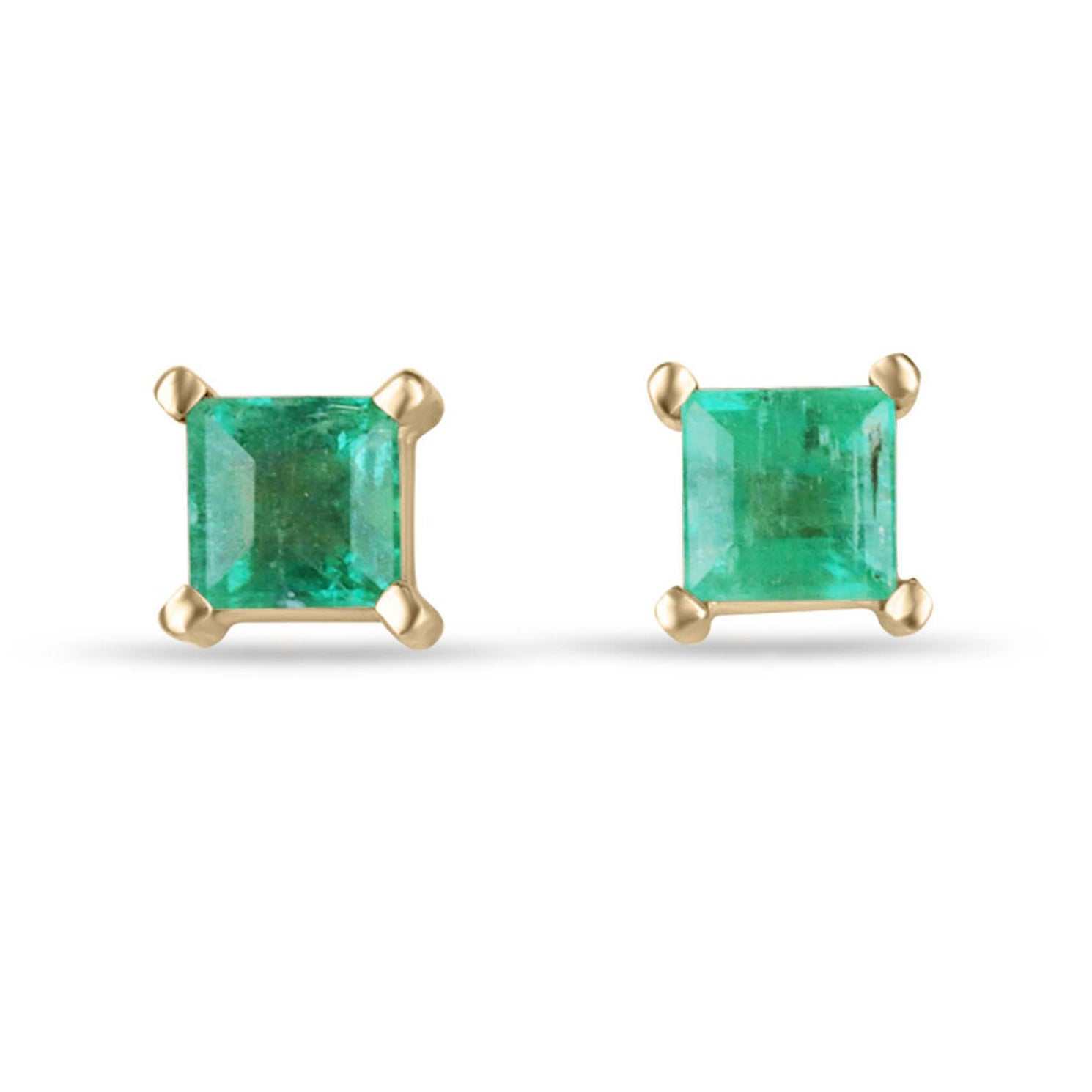 0.80tcw 14K gold princess cut emerald stud earrings with four-prong setting.