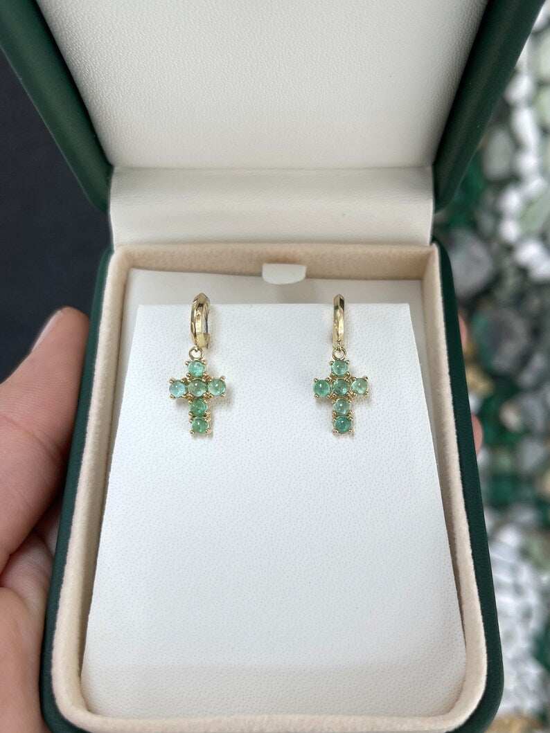 Colombian Emerald earrings with 1.10tcw light green round cabochon cut emerald dangle cross design in 14K gold
