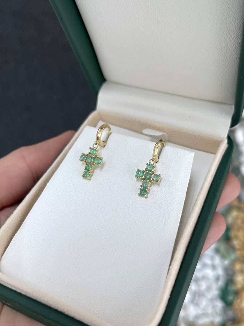 Colombian Emerald light green dangle cross earrings with round cabochon cut, 1.10 carats 14K gold jewelry for women