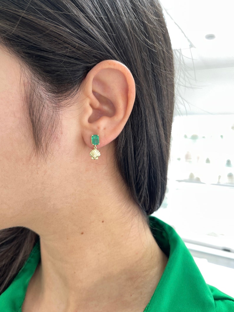 14K gold emerald and ocean sea shell dangle stud earrings with 1.90tcw from Colombian Emerald.