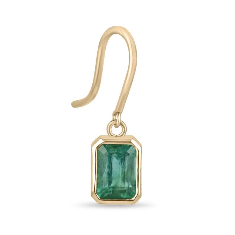 Colombian Emerald Gold Earrings with 2.20tcw 14K yellow gold classic emerald cut dangle ear wires, pair of elegant earrings