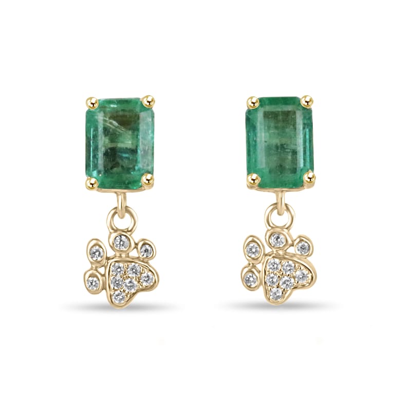 14K emerald and diamond dog paw print stud earrings with 2.36 carats total from Colombian Emerald, featuring detailed jewelry craftsmanship.