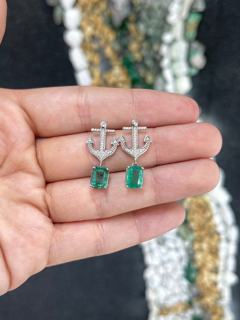 14K gold emerald and diamond anchor dangle earrings with lush green emeralds and sparkling diamonds, designed by Colombian Emerald.