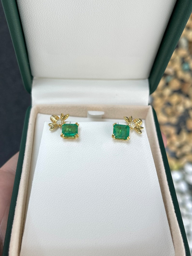 Colombian Emerald 14K gold Asscher cut bee ear climber stud earrings with 3.65tcw emeralds and unique bee design.