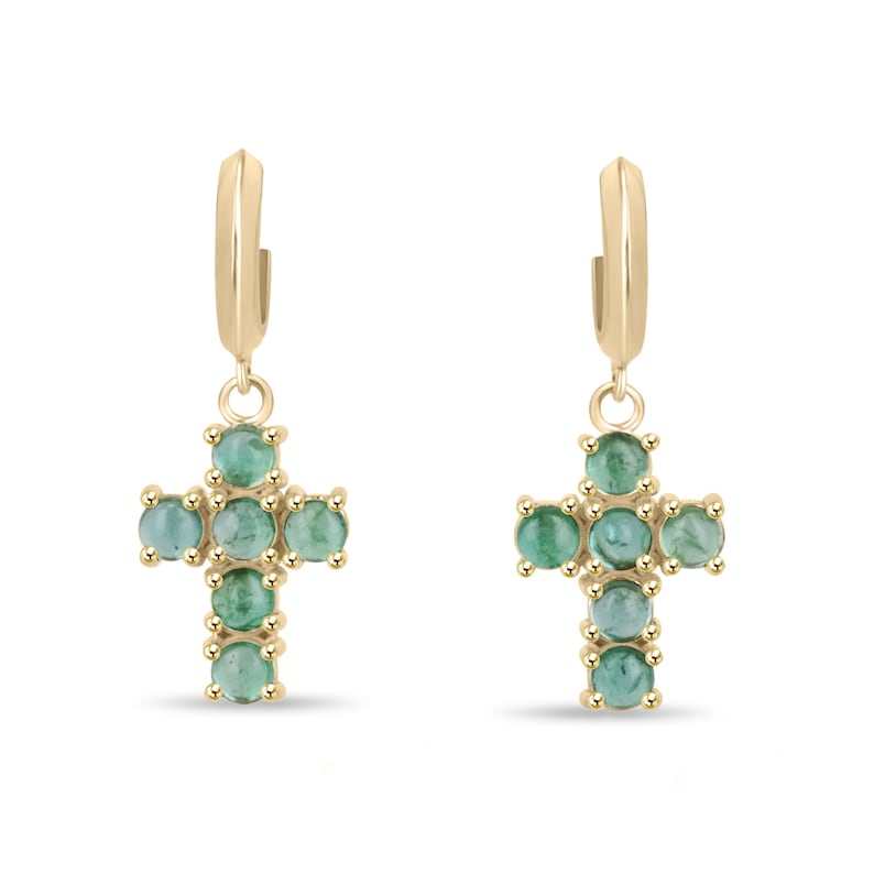 14K natural light green emerald dangle cross earrings with round cabochon cut, featuring Colombian Emerald brand jewelry.