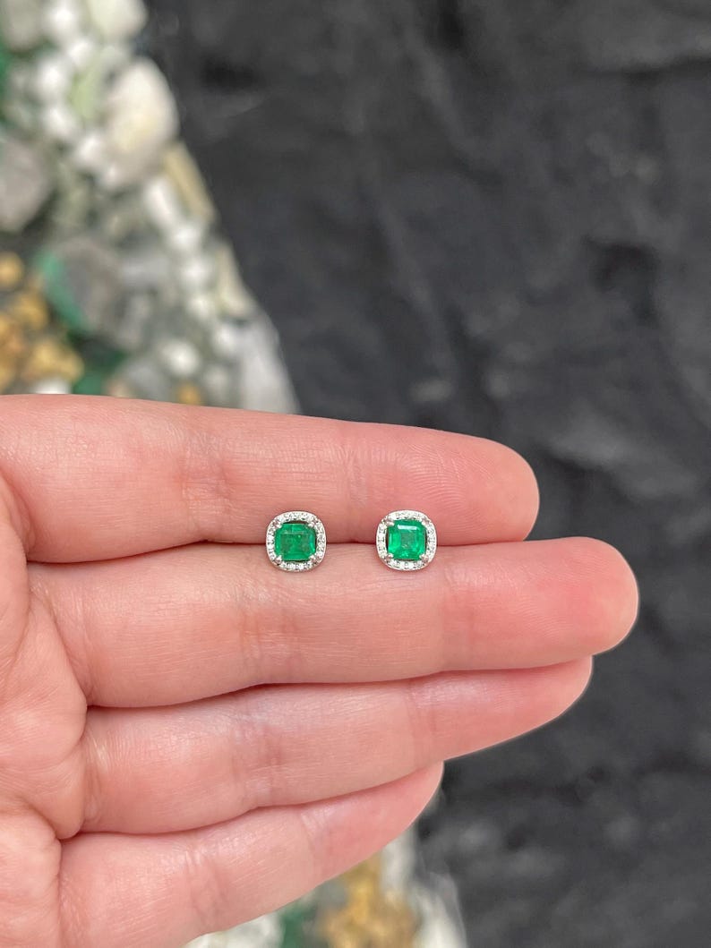 1.15tcw 14K Asscher-Cut Emerald & Diamond Halo Stud Earrings – May Birthstone - JR Colombian Emeralds