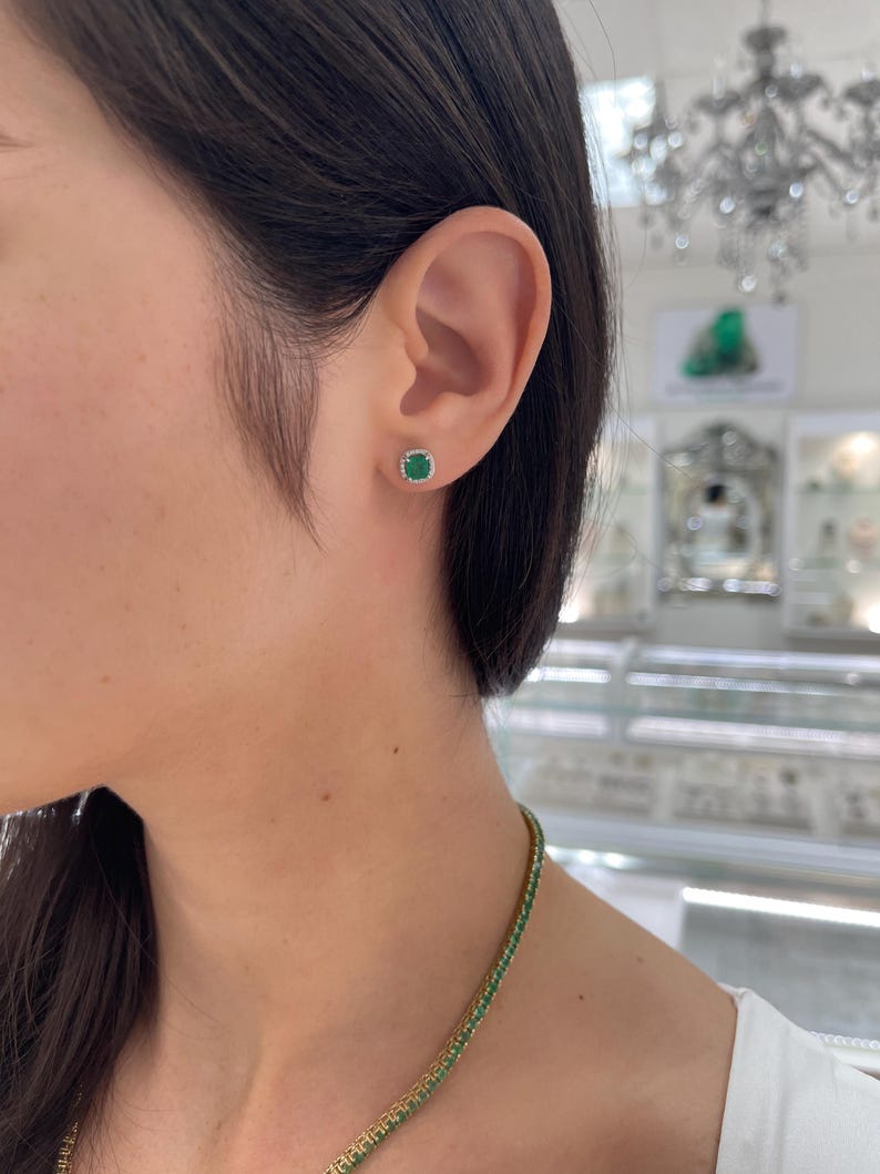 1.15tcw 14K Asscher-Cut Emerald & Diamond Halo Stud Earrings – May Birthstone - JR Colombian Emeralds