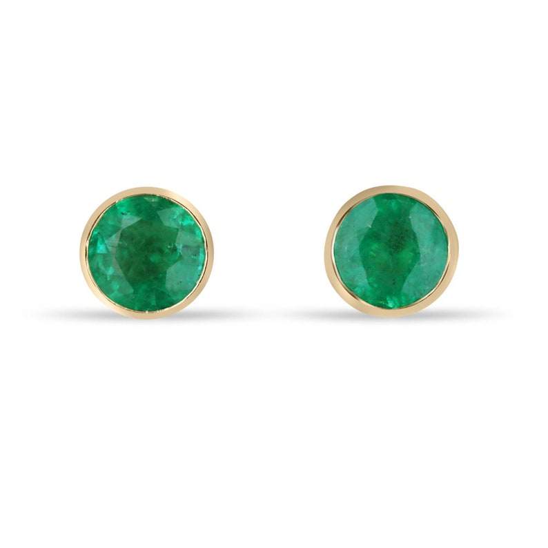 Colombian Emerald Bezel Set Stud Earrings with vivid green round-cut emeralds and window details, 2.14tcw in 18K gold.