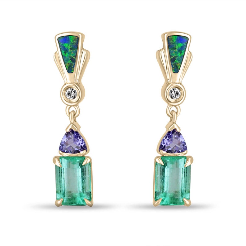 Exquisite 14K Gold Earrings with 3.66tcw Natural Emerald, Tanzanite, Diamond, and Opal Trillion Cuts