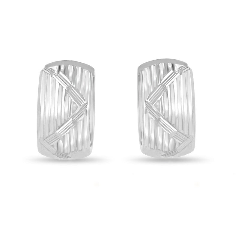 Colombian Emerald 18K white gold hoop earrings with 10mm zig zag V vertical stripe design, lightweight and stylish.