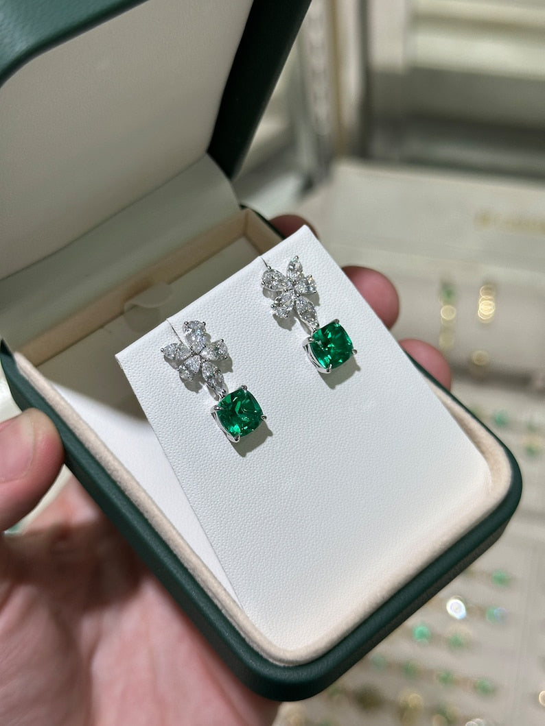 5.45tcw 14K Gold Cushion Emerald & Diamond Floral Dangle Earrings, AAA+ Lab-Created - JR Colombian Emeralds