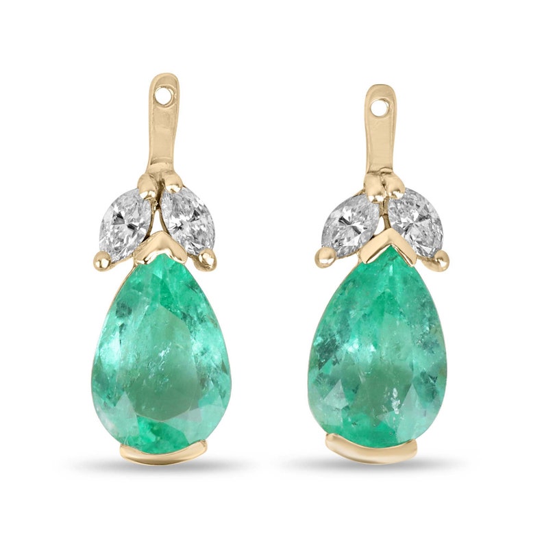 Colombian Emerald earrings with 7.97tcw pear-cut green teardrop emeralds and marquise diamonds floral earring jackets.