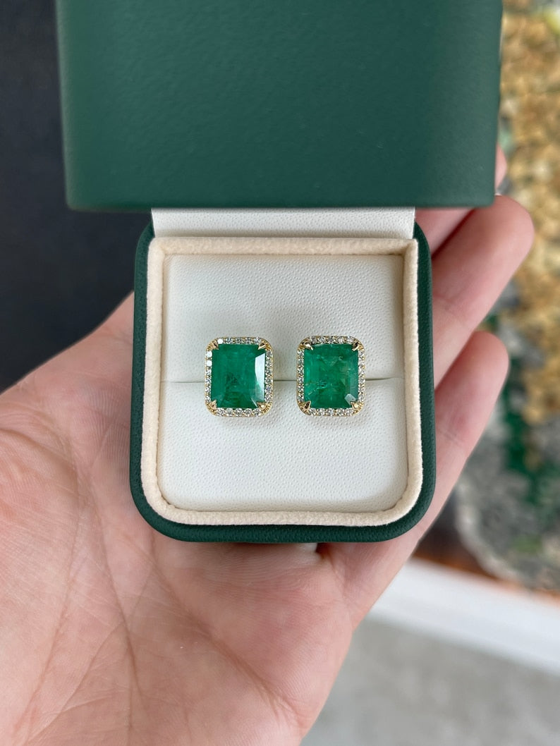 14K gold halo stud earrings featuring lush dark green natural emeralds and round diamonds, Colombian Emerald brand.