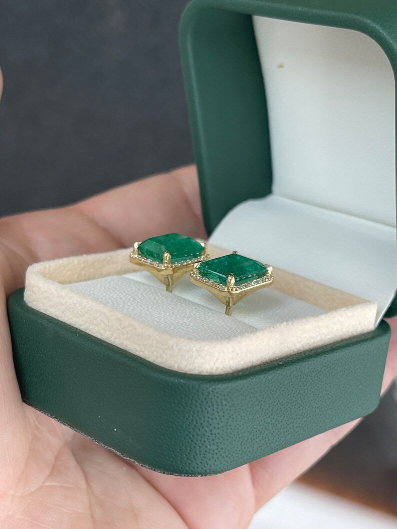 14K gold earrings with dark green natural emeralds and round diamond halo, showcasing elegant stud earrings by Colombian Emerald.