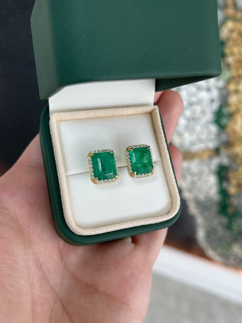 14K gold halo stud earrings featuring lush dark green natural emeralds and round diamonds, Colombian Emerald brand