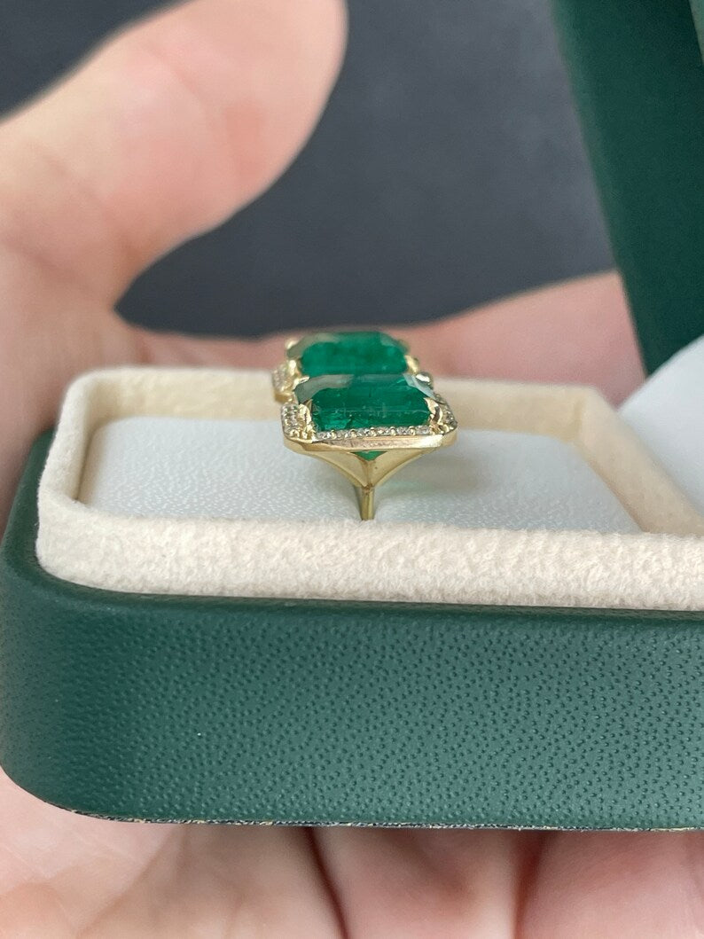 14K gold emerald and diamond halo stud earrings featuring lush dark green natural emeralds and round diamonds from Colombian Emerald.