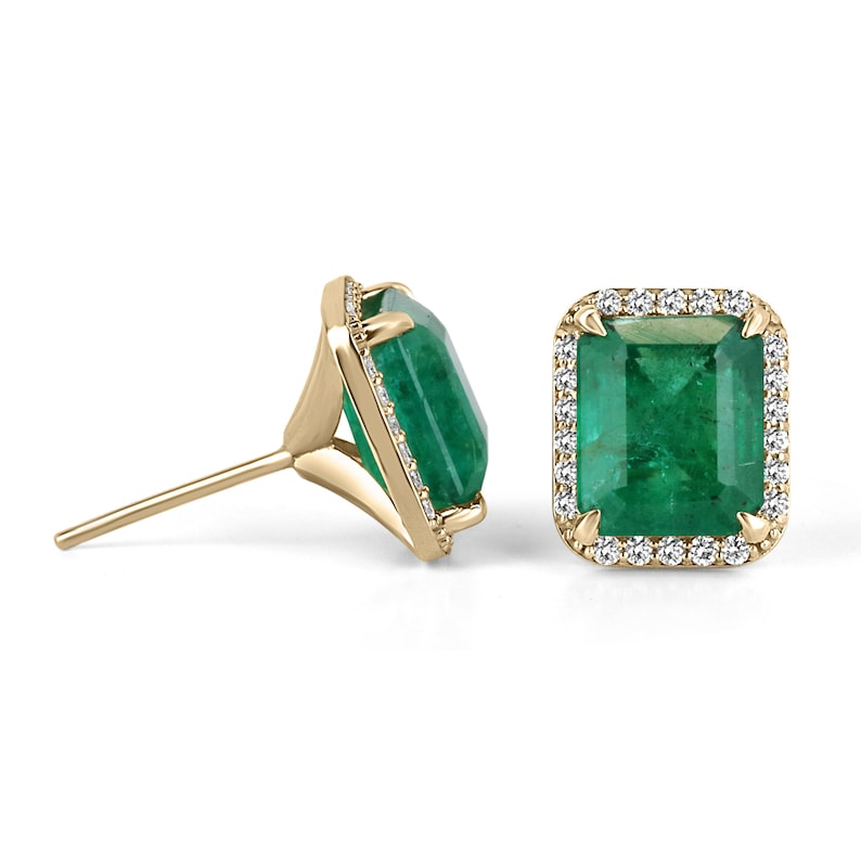 14K gold emerald and diamond halo stud earrings featuring lush dark green natural emeralds and round diamonds.