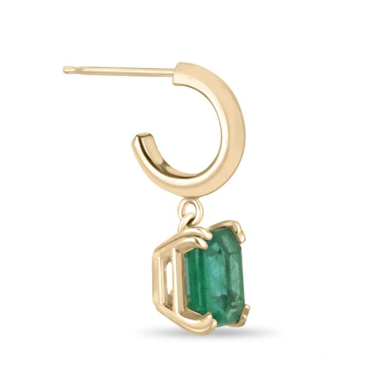 Colombian Emerald 2.80tcw Asscher Cut Knife-Edge Huggie Dangle Earrings in 14K gold, featuring vibrant green emeralds and sleek design