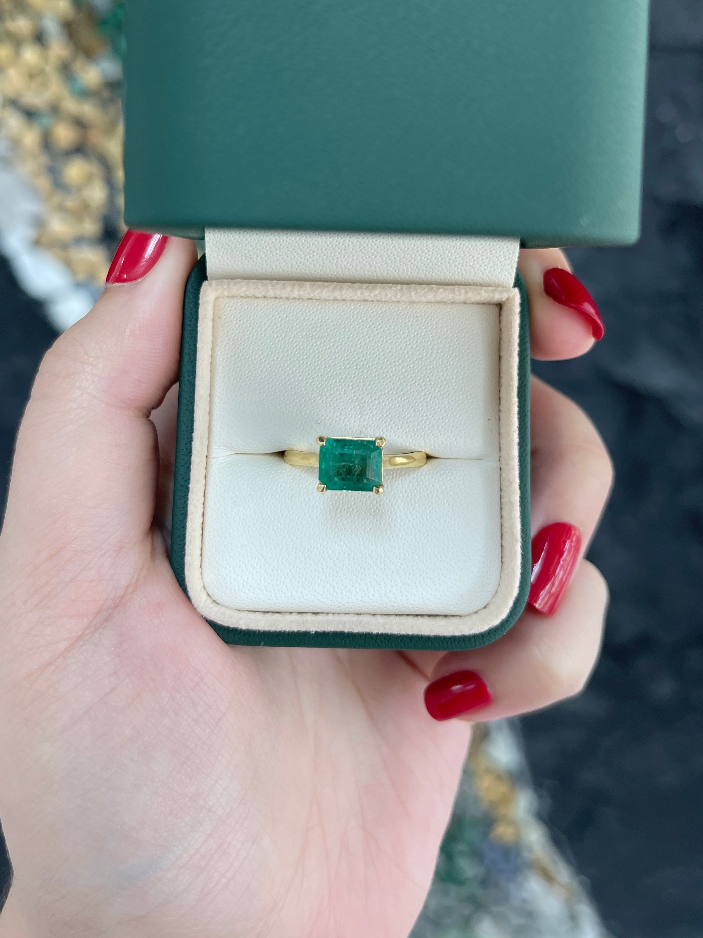 2.55ct 18K Natural Emerald Cut Bluish Green Medium Dark Green East to West Engagement Ring - JR Colombian Emeralds