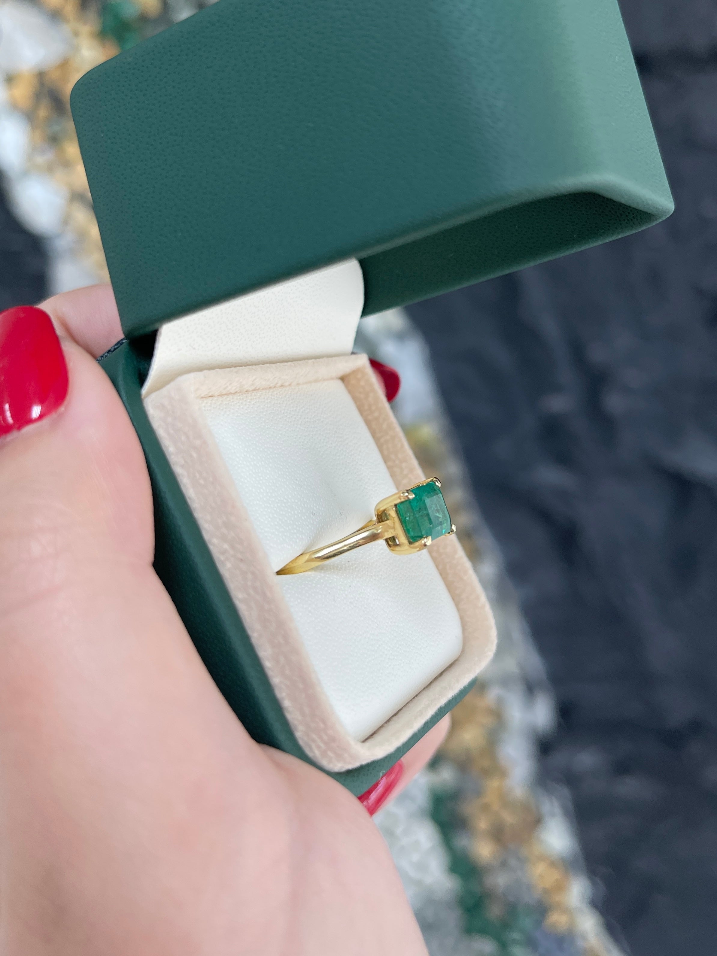 2.55ct 18K Natural Emerald Cut Bluish Green Medium Dark Green East to West Engagement Ring - JR Colombian Emeralds