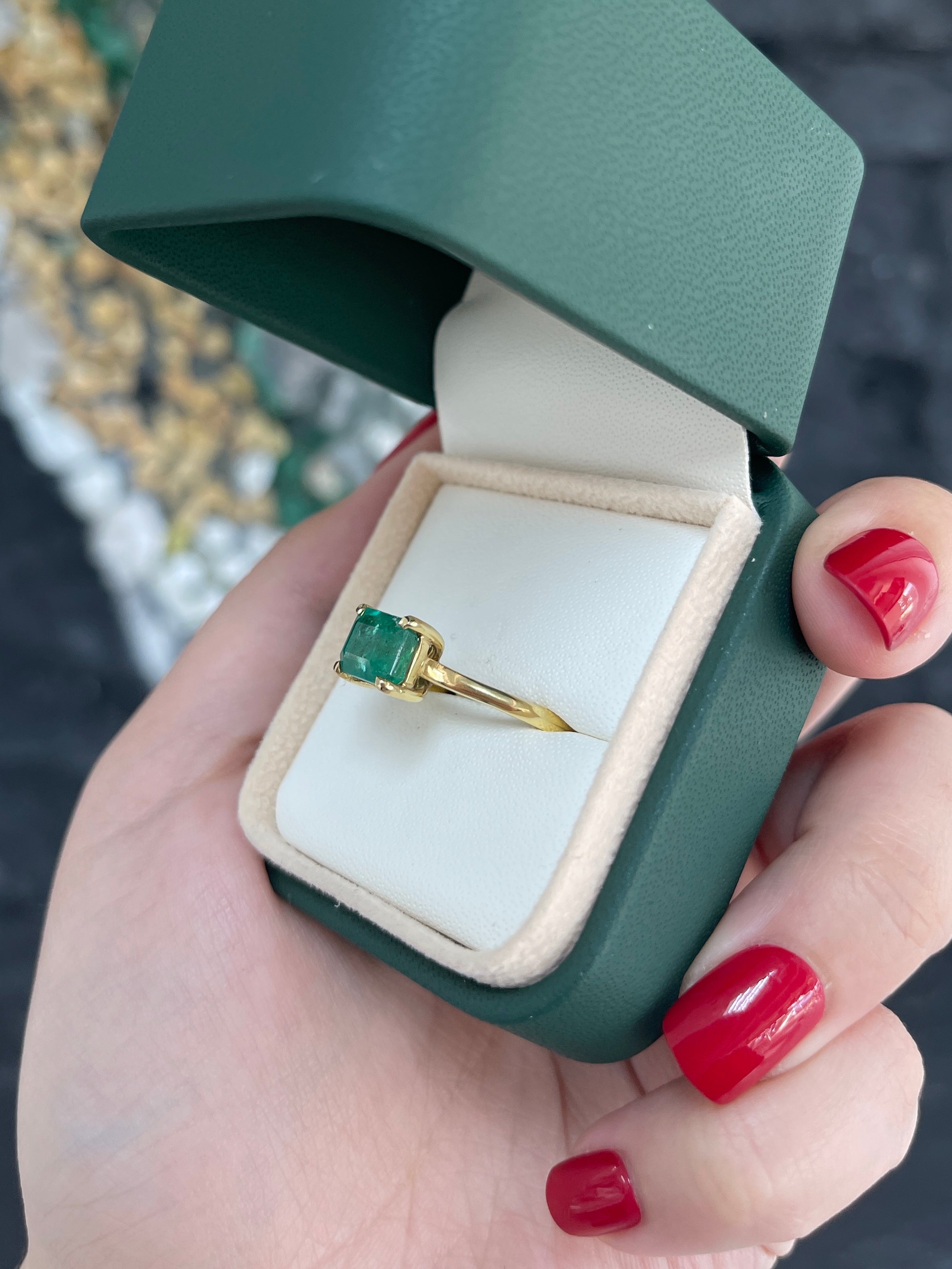 2.55ct 18K Natural Emerald Cut Bluish Green Medium Dark Green East to West Engagement Ring - JR Colombian Emeralds