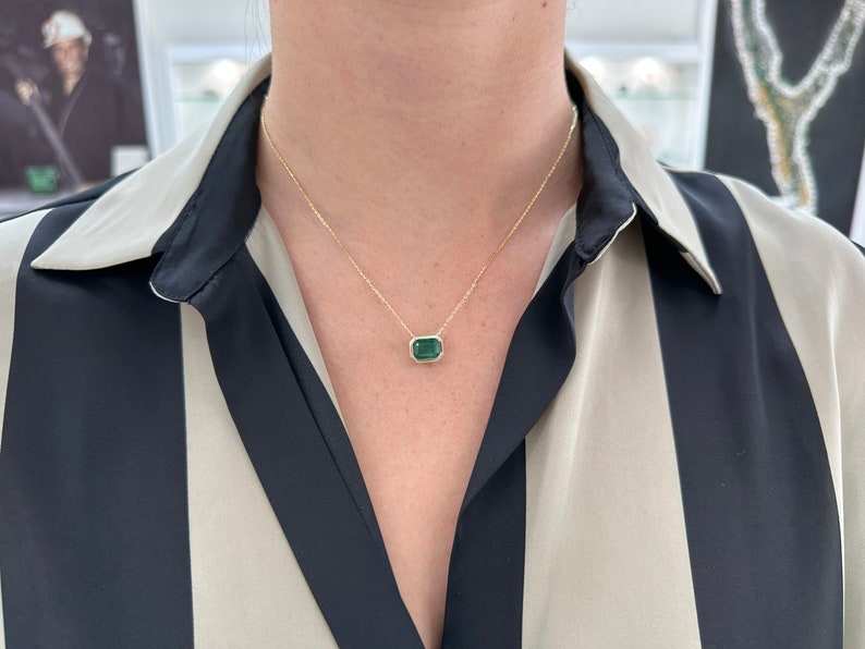 2.50ct 14K Gold Dark Green Emerald Cut Bezel Set MultiFunctional Penda